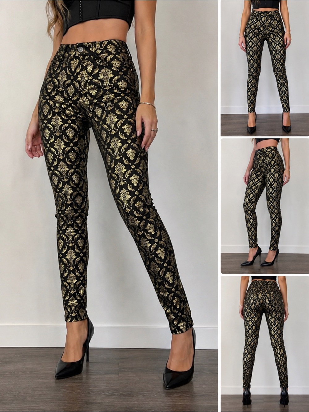 Tinseltown Denim Couture‎ Damask Gold And Black High Rise Pants Size 7